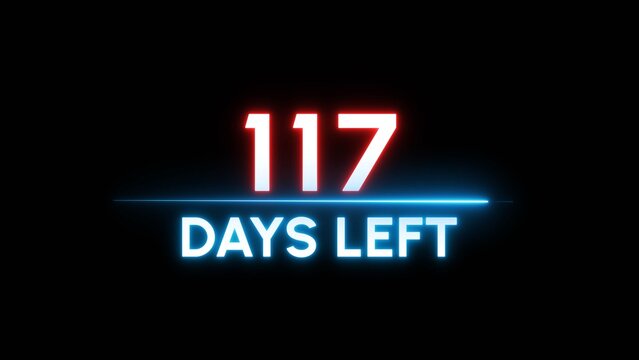 117- Days left countdown number. Neon timer clock illustration.  Neon counter days.