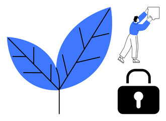 Sustainability concept. Sustainability ed by a leaf, lock symbol for security, and integration of human technology. Sustainability in data, green initiatives, and security measures. For eco-tech