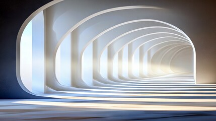 A long, modern architectural corridor with repeating arched openings that allow natural light to stream in, creating a pattern of light and shadow on the floor.