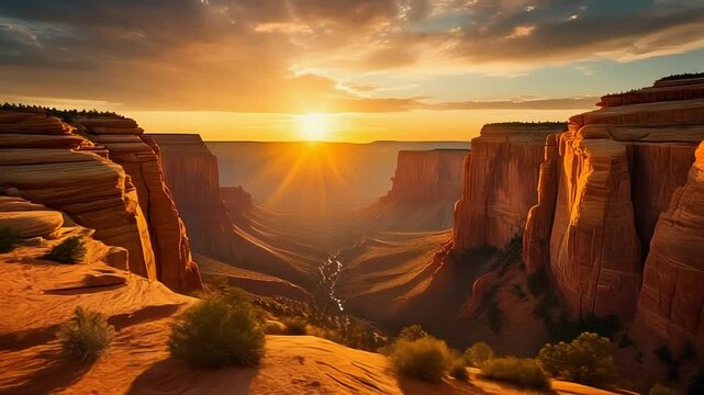 Dramatic Sunset Over Grand Canyon Landscape Showing Golden Sunlight and Red Rock Formations