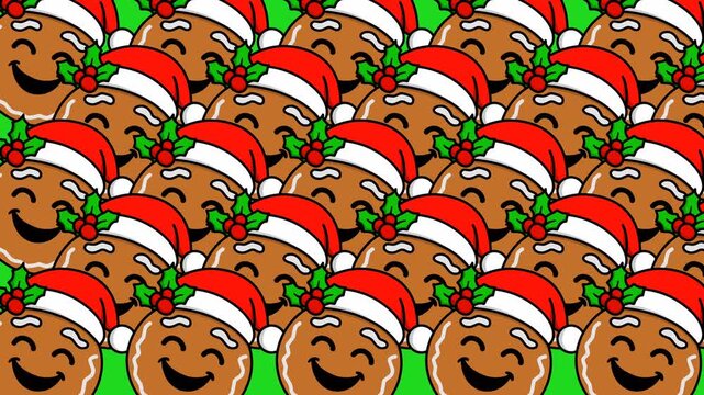Christmas animation of gingerbread man head transitioning in front of green screen