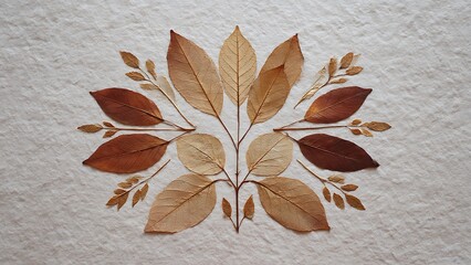 Dry autumn leaves arranged in symmetrical botanical pattern on soft textured background for nature and craft visuals