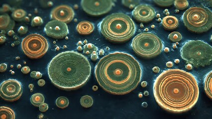 Abstract organic circular formations in green and orange tones resembling microbial structures for scientific or conceptual art use