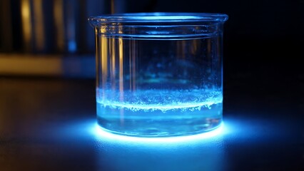 Laboratory beaker filled with glowing blue liquid under dark ambience suitable for science chemical or research backgrounds