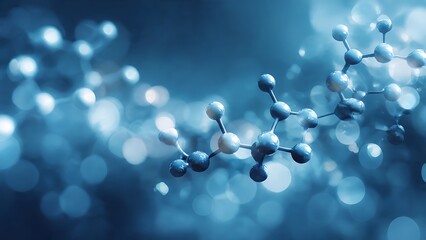 Abstract blue molecular structure with glossy connected spheres and soft bokeh background ideal for science and technology visuals