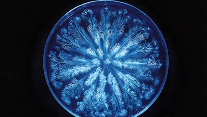 Circular frost crystal patterns forming dendritic structures inside petri dish ideal for abstract science visuals