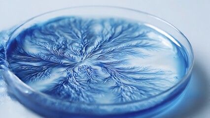 Detailed frost crystal formations spreading inside a shallow petri dish ideal for science macro or abstract visuals