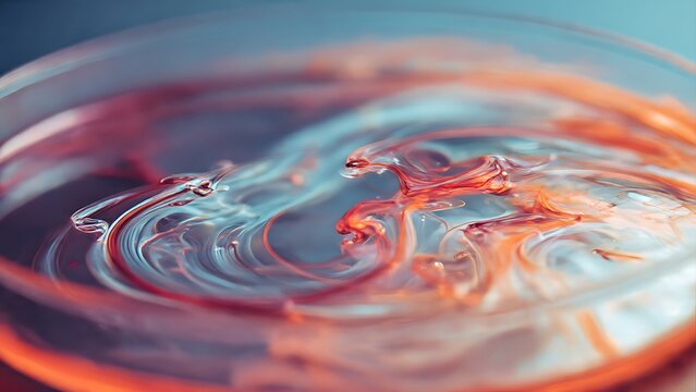 Colorful swirling fluid motion in shallow dish with red and blue tones ideal for abstract art and creative backgrounds - Powered by Adobe