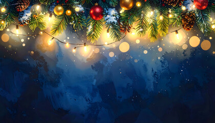 Festive Christmas Garland with Bokeh Lights and Ornaments, A Beautiful Holiday Illumination and Decoration Concept