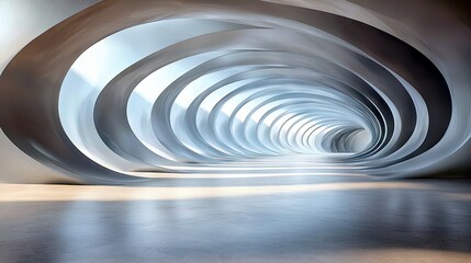 Obraz premium A long, curved tunnel with a modern, abstract architectural design, illuminated by natural light creating a sense of depth and perspective.