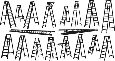 Collection of various utility and extension ladders silhouettes, including A-frame and straight types, perfect for construction, repair, work, and safety design projects, isolated on white.