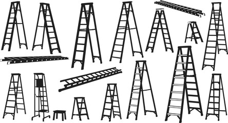 Construction and Household Ladder Silhouettes Vector Set, Step Ladders, Extension Ladders, and Scaffolding Equipment, Work Safety, Repair Tool, and Home Renovation Graphic Illustration, Isolated.