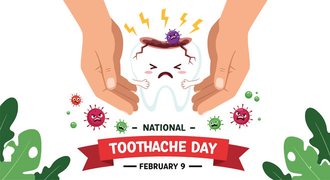 Cartoon Tooth in Pain Surrounded by Germs and Lightning Bolts for Toothache Day Keywords: toothache day, tooth, pain, sad, crying, germs, bacteria