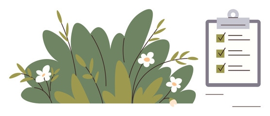 Decorative plant leaves and flowers with checklist marked with tasks. Ideal for sustainability, organization, productivity, eco-friendly concepts, project management, nature goals, mindfulness