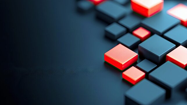 A collection of dark gray and bright red cubes are arranged in a scattered pattern on a dark, textured surface.