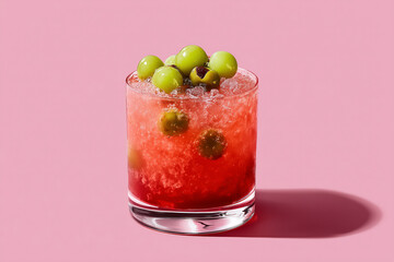Refreshing summer cocktail with green grapes and ice on a vibrant pink background makes you want to celebrate life's simple pleasures with friends