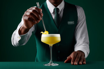 Professional bartender mixing vibrant cocktail with lemon twist in an upscale bar setting for happy hour specials and elegant nightlife promotions