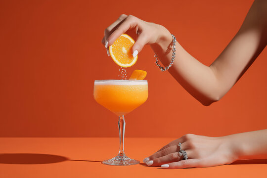 Refreshing orange cocktail being prepared with care on vibrant orange backdrop, perfect for summer drinks and upscale bar concepts for lifestyle promotions