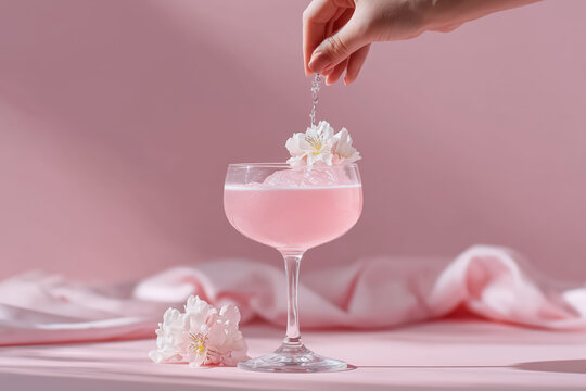 Elegant pink cocktail with floral garnish being prepared for a trendy summer party, perfect for lifestyle blogs and upscale bar promotions