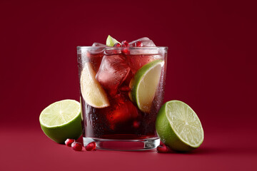 Refreshing pomegranate cocktail with lime and ice, perfect for summer parties, vibrant and delicious, ideal for healthy lifestyle promotions
