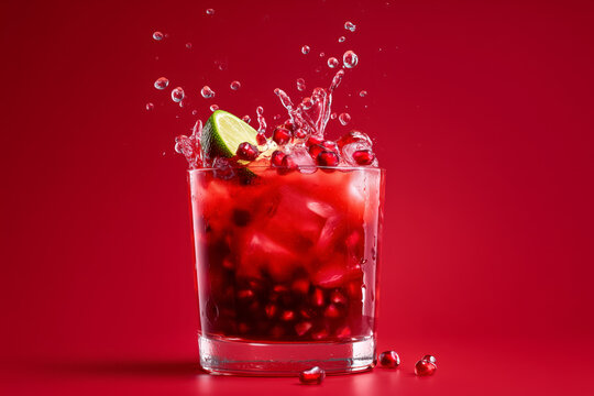 Refreshing pomegranate cocktail with lime splash on vibrant red background, perfect for summer parties and upscale bar menus, a vibrant, delicious treat