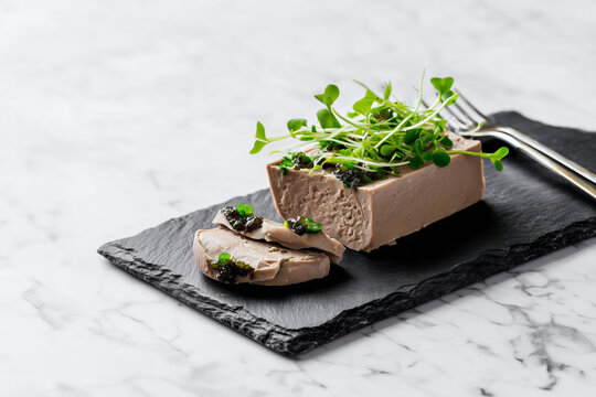 Exquisite duck liver pate with green sprouts and seaweed caviar on slate board, ideal for fine dining restaurant menu or gourmet food blog promotion