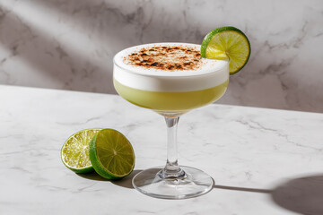 Refreshing lime cocktail with frothy topping and citrus garnish, perfect for summer evenings and happy hour specials, presented on marble backdrop