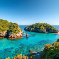 Fototapeta premium Lush green cliffs meet a secluded cove with crystal clear water, cliff, tropical