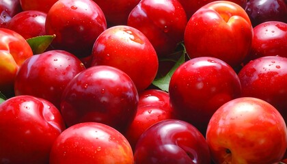 Fresh, ripe red plums with water droplets are piled together.