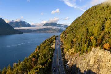Scenic Sea-To-Sky Highway View Over Howe Sound With Forested Mountains