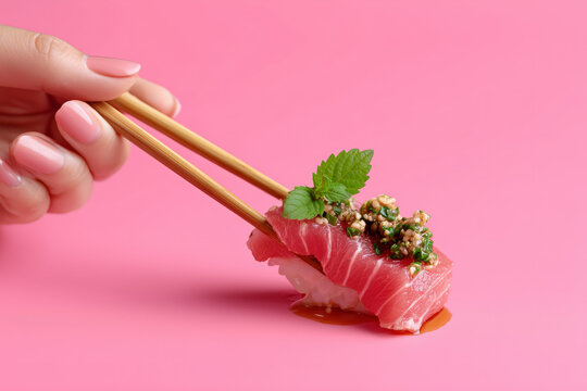Fresh tuna sushi held by chopsticks, ready to enjoy this flavorful bite on a vibrant pink background - perfect for food lovers and sushi ads!