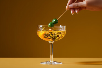 Craft cocktail presentation with olives on a skewer creating a sophisticated and enticing bar scene, perfect for happy hour promotions and upscale dining experiences