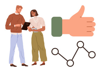 Two colleagues analyzing data with documents, connected dots graph and thumbs-up symbol. Ideal for teamwork, analytics, productivity, feedback, collaboration, communication innovation. Simple flat