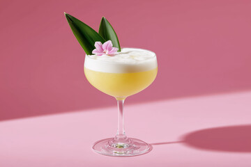 Delicious tropical cocktail with vibrant pink backdrop, perfect for summer promotions and vacation vibes, a drink that screams fresh and exciting taste