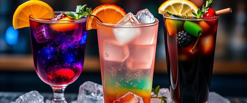 Three elegant cocktails garnished with fruit & herbs, colorful ice,  drinks,  cocktails