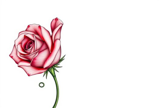 Intricate hand-drawn rose with delicate petals and swirling stem, black and white, design