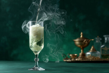 Pouring a hazy, mysterious drink in a glass with smoke swirling around it, creating an intriguing and magical atmosphere perfect for creative projects