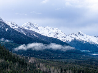 Snowy Alpine Mountains in BC With Forest, Clouds, and Mist Over Snow-Capped Peaks