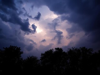 Fototapeta premium Silhouetted trees against a dramatic stormy sky, light, nature