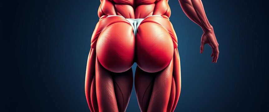 Large, powerful gluteus maximus muscle anatomy illustration, workout, health