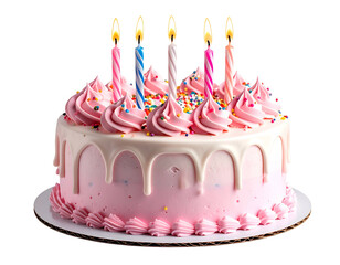 Pink frosted celebration cake with lit candles