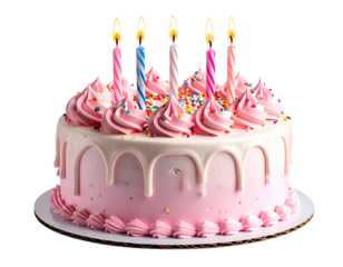 Pink frosted celebration cake with lit candles