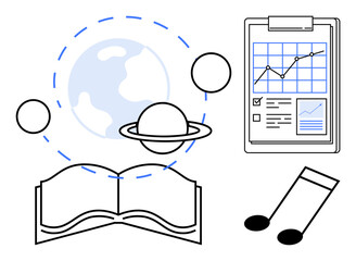 Open book with Earth, Saturn, musical notes, and analytics clipboard. Ideal for learning, education, science, data analysis, creativity exploration simple flat metaphor