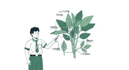 A Student Explaining The Parts Of A Plant, Green Illustrations On Black Background