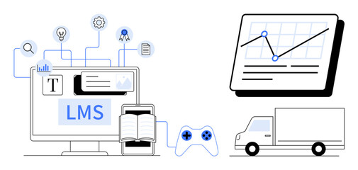 Computer with LMS elements, open book, game controller, analytics chart, and delivery truck. Ideal for learning, education, technology, logistics data analysis productivity interactive tools