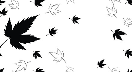 Falling Maple Leaves Vector Background Illustration, Black and White Autumn Foliage Pattern, Natural Elements Decoration, Outline and Silhouette, Simple 