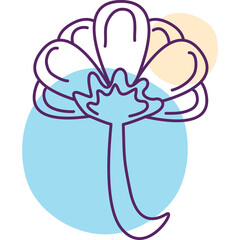Stylized abstract flower outline with purple stem and blue and peach circular accents on a transparent background minimalist design element