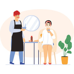 Stylist Offers Beauty Treatment To Woman In Salon With Mirror And Potted Plant In Pastel Colors