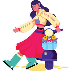 Stylish Young Woman With Long Dark Hair Wearing A Yellow Jacket And Pink Skirt Posing With A Blue Scooter Decorated With A Flower Basket On A Transparent Background