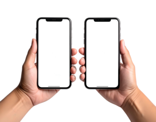 Two blank screens held in hands